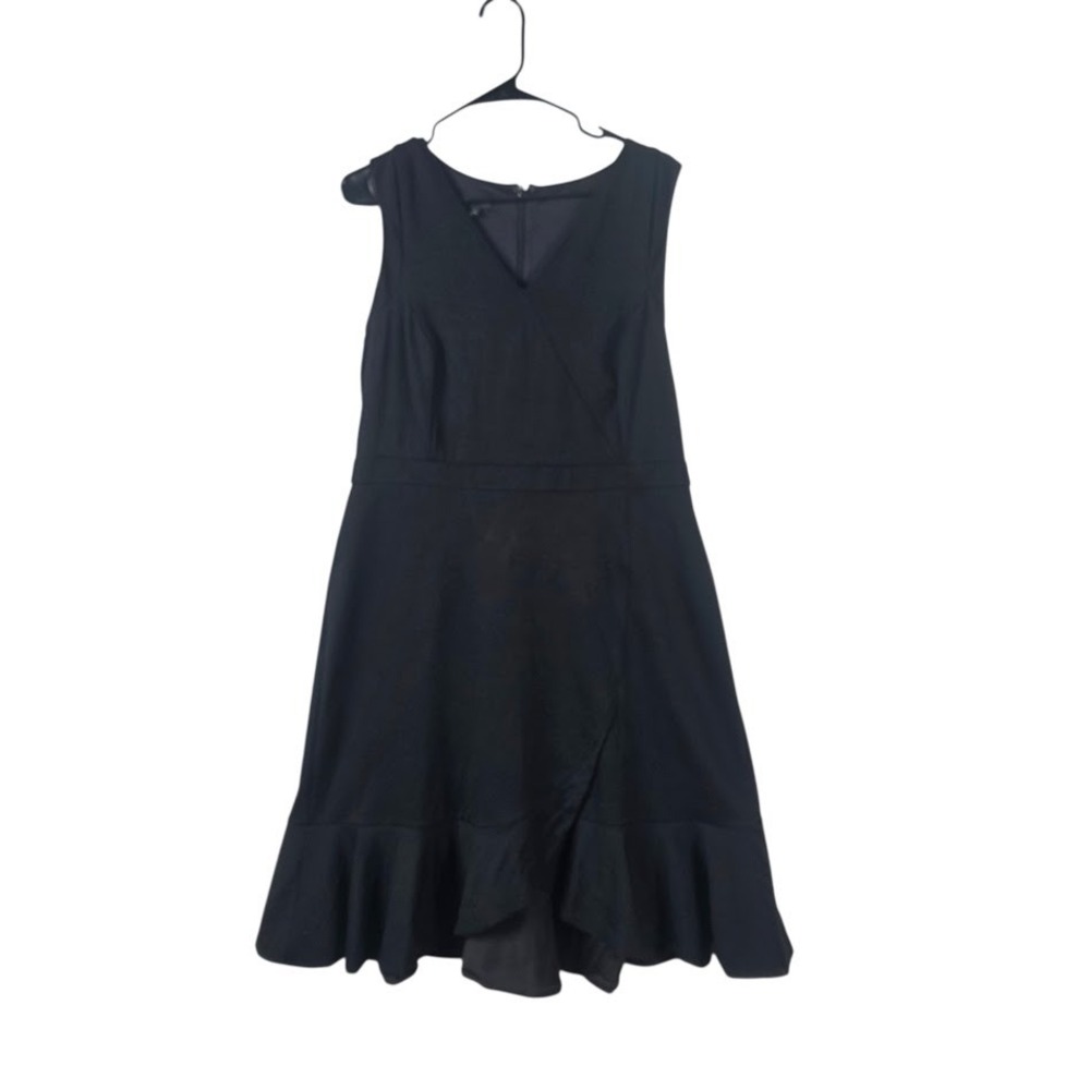 Talbots Ruffle Hem Dress Womens Black Faux Wrap V-Neck Fit Flare Cocktail 14